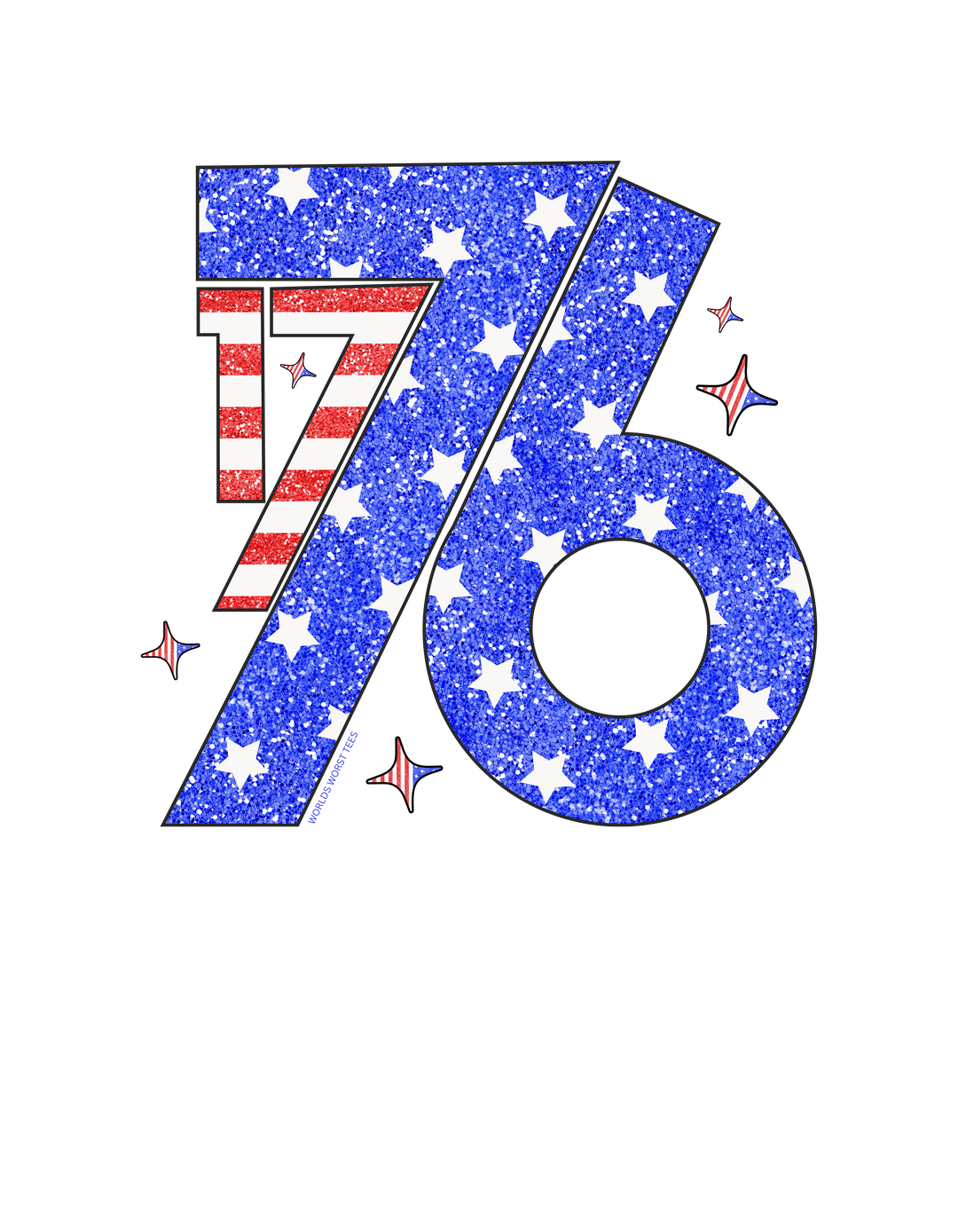 Unisex 1776 Tee with stars and stripes design on blue and white background. Soft cotton, ribbed knit collars, tear away label, and retail fit for a comfortable, stylish look.