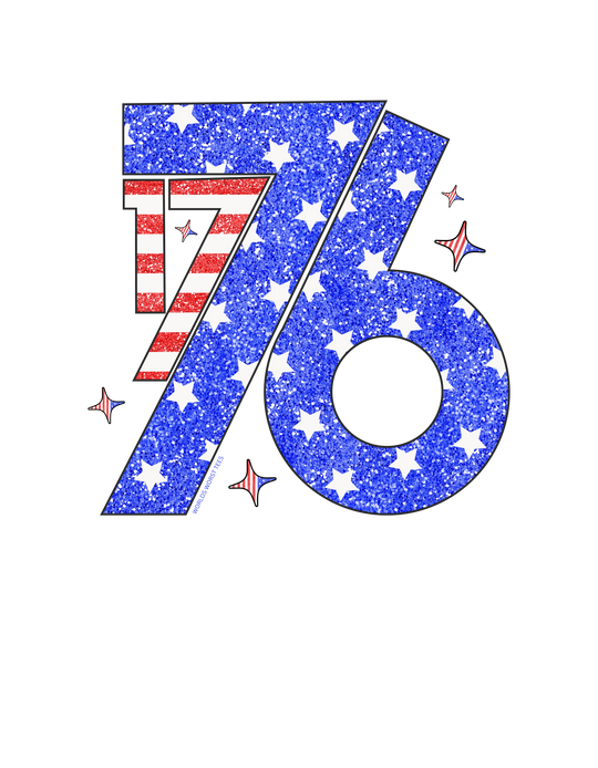 Unisex 1776 Tee with stars and stripes design on blue and white background. Soft cotton, ribbed knit collars, tear away label, and retail fit for a comfortable, stylish look.