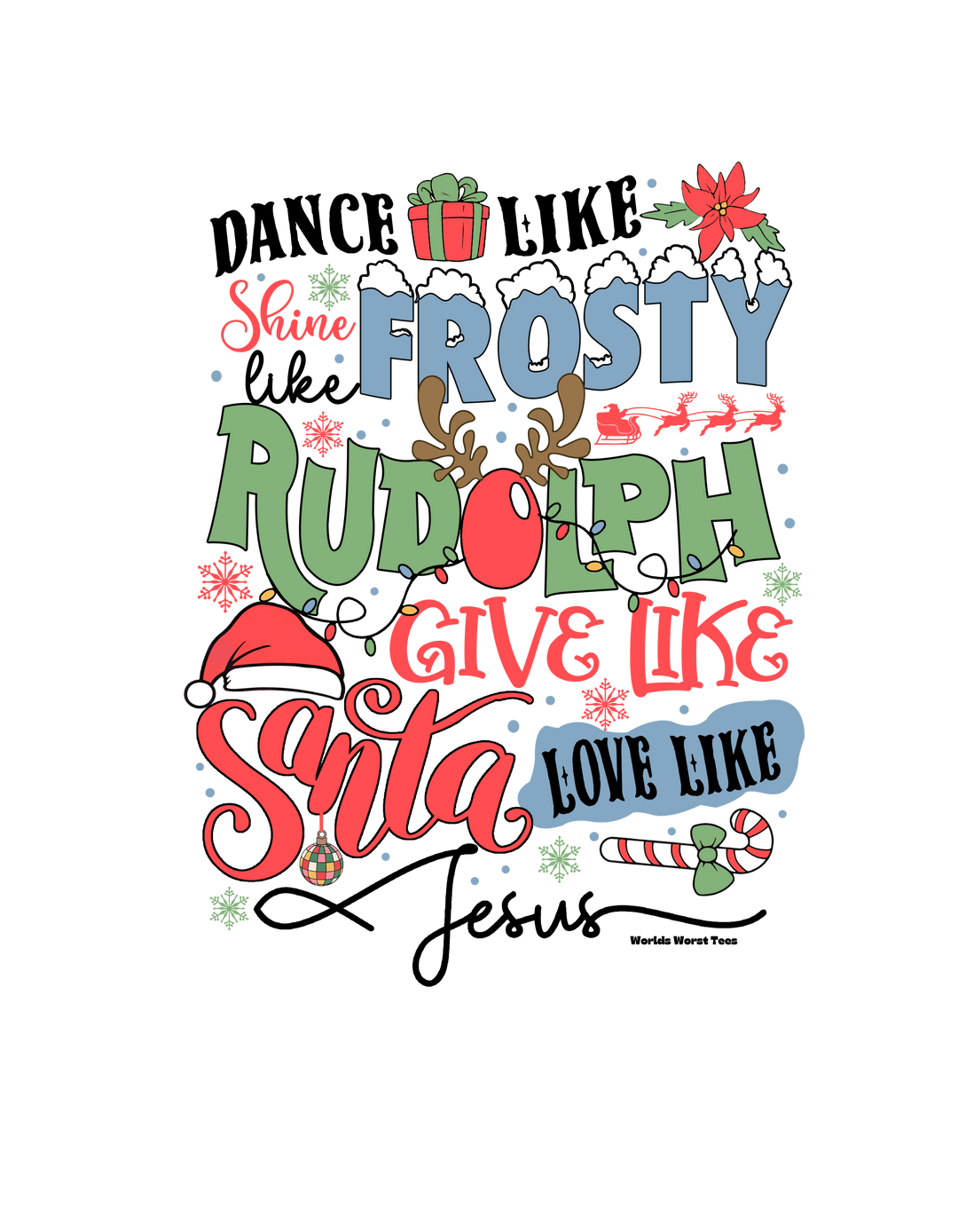 Youth crew sweatshirt featuring Frosty Rudolph Santa Jesus design. 50% cotton, 50% polyester blend, medium-heavy fabric, loose fit. Ideal for school, sports, and casual wear. True-to-size for a comfortable fit.