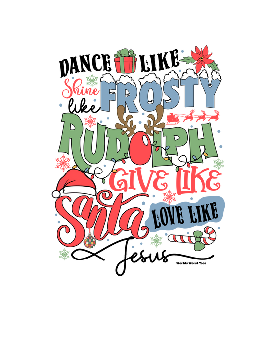 Youth crew sweatshirt featuring Frosty Rudolph Santa Jesus design. 50% cotton, 50% polyester blend, medium-heavy fabric, loose fit. Ideal for school, sports, and casual wear. True-to-size for a comfortable fit.