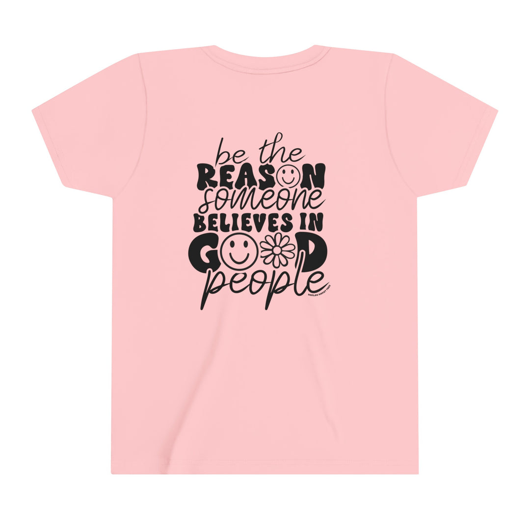 Custom youth short sleeve tee featuring a pink shirt with black text, smiley face, and flower design. Lightweight, ring-spun cotton for comfort. Ideal for custom artwork display. Sizes: S, M, L, XL.