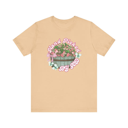 Unisex jersey short sleeve tee, Hand Picked by GOD, with ribbed knit collar, tapered shoulders, and dual side seams for shape retention. Soft, breathable cotton fabric.
