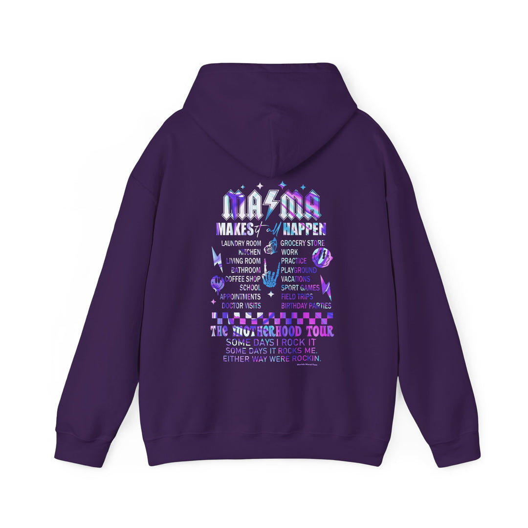 A purple hoodie with white text, Ma/Ma Band Hoodie, a cozy blend of cotton and polyester, featuring a kangaroo pocket and matching drawstring. Unisex, heavy fabric, classic fit, perfect for chilly days.