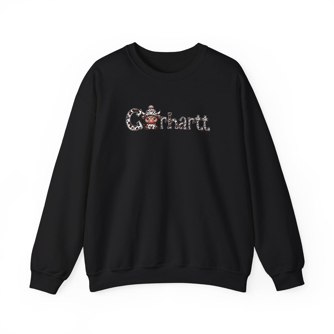 A black Cowhartt Cow Crew sweatshirt with a cartoon cow logo. Unisex heavy blend crewneck, 50% cotton, 50% polyester, ribbed knit collar, no itchy side seams. Medium-heavy fabric, loose fit, true to size.