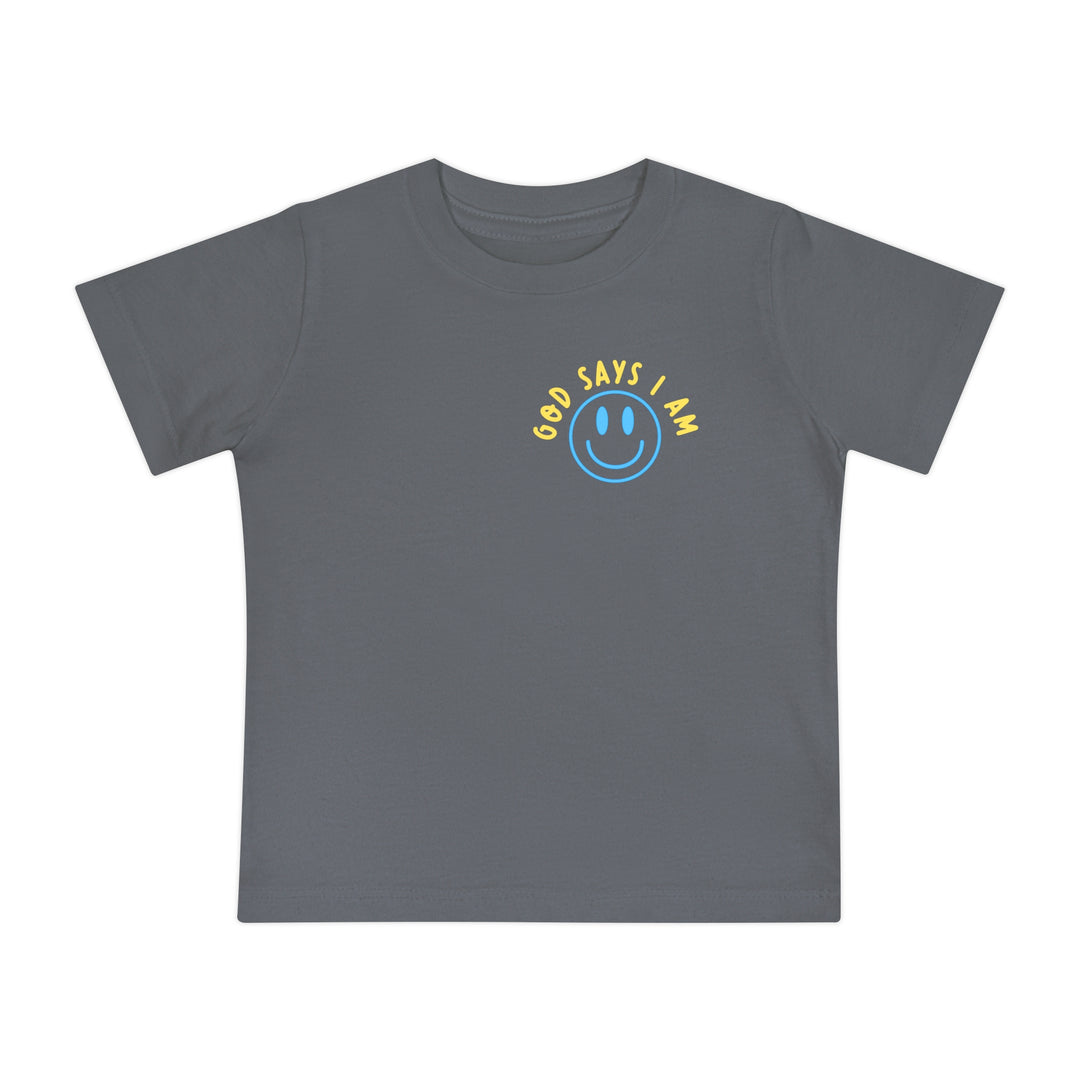 Charcoal-gray I AM Baby Tee with blue smiley face and GOD SAYS I AM graphic. Ideal for stylish, comfortable baby wear.