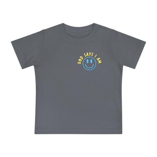 Charcoal-gray I AM Baby Tee with blue smiley face and GOD SAYS I AM graphic. Ideal for stylish, comfortable baby wear.