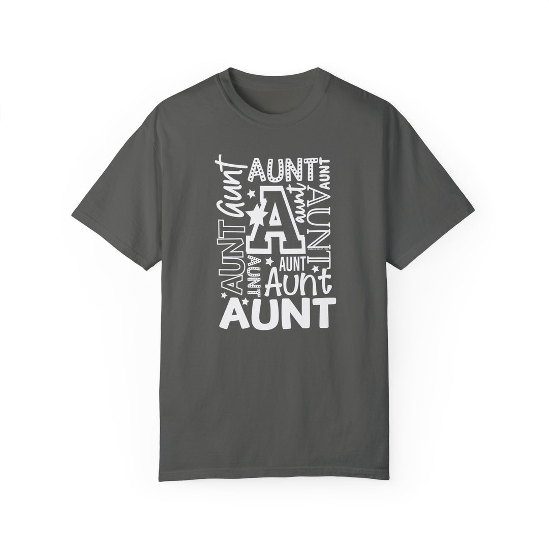 Aunt Tee: Grey t-shirt with white text, 100% ring-spun cotton, medium weight, relaxed fit, durable double-needle stitching, no side-seams for tubular shape.