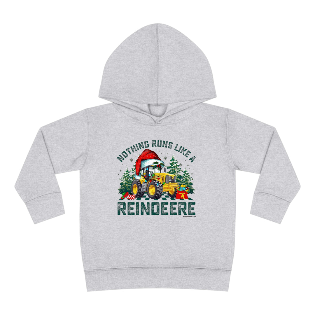 Reindeere Toddler Hoodie with tractor and Christmas tree design, jersey-lined hood, side-seam pockets, and durable stitching for cozy comfort. Ideal for kids aged 2T to 5-6T.