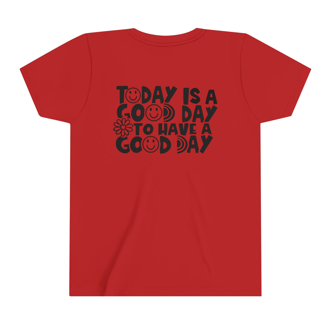 Youth red tee with black text and smiley faces, perfect for kids. Lightweight, 100% Airlume combed cotton, tear away label, retail fit. Ideal for custom artwork display. Good Day to Have a Good Day Tee.
