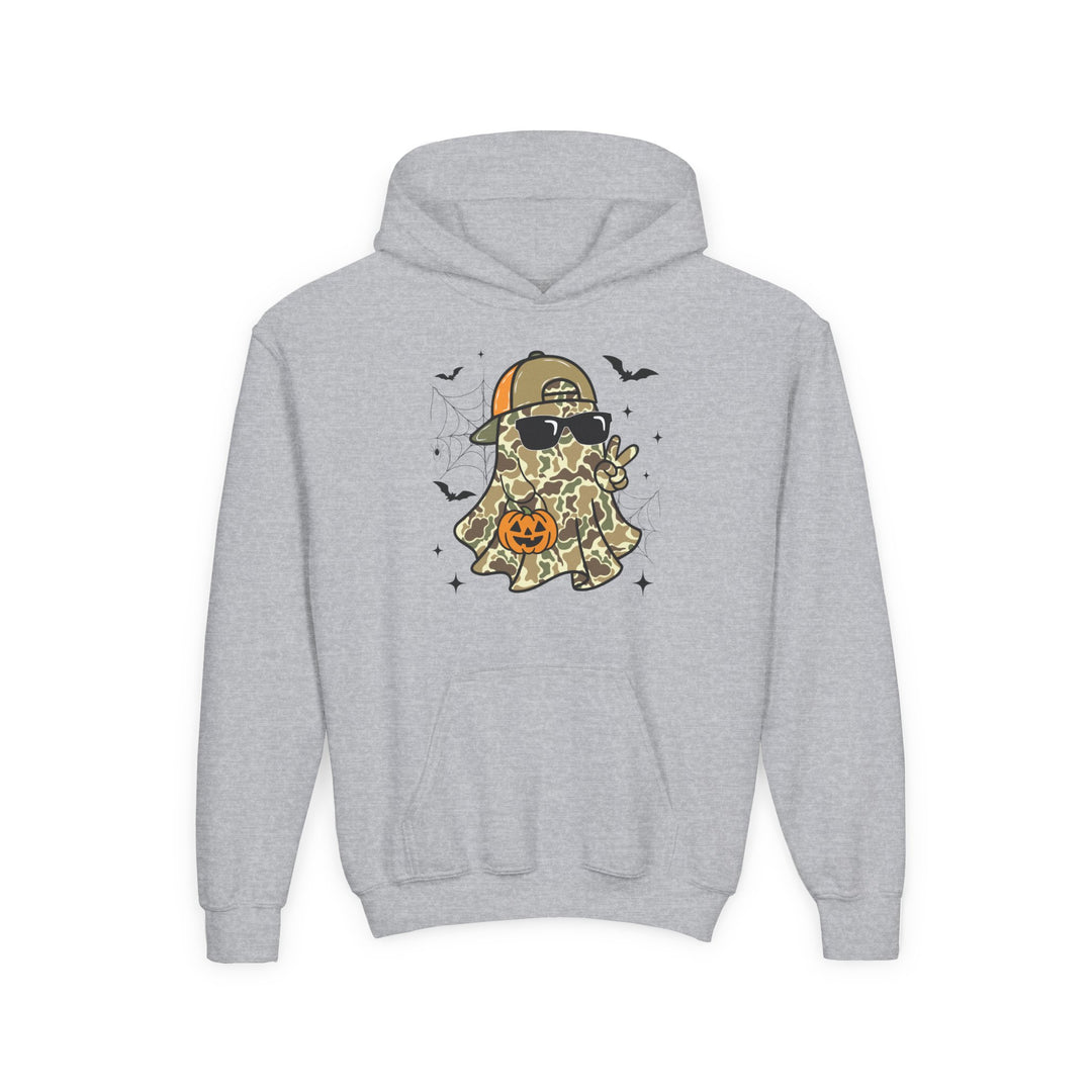 Candy Ghost Youth Hoodie features a ghost in camo, sunglasses, and cap with Halloween motifs. Ultra-soft fleece, kangaroo pocket; ideal for playful, themed layering.