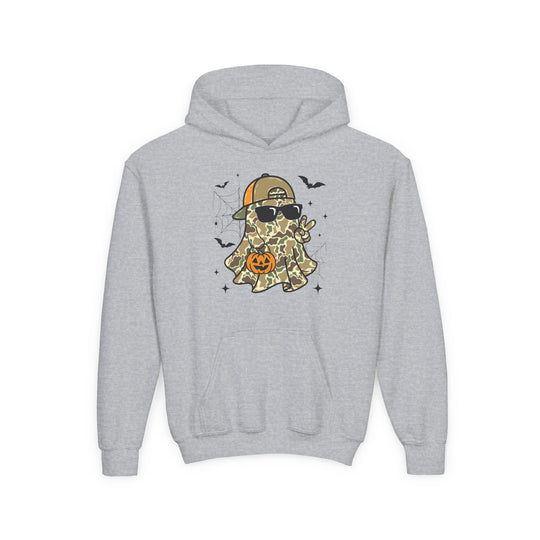 Candy Ghost Youth Hoodie features a ghost in camo, sunglasses, and cap with Halloween motifs. Ultra-soft fleece, kangaroo pocket; ideal for playful, themed layering.