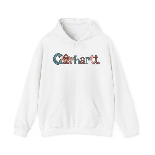 A white Cowhartt hoodie with a cartoon cow logo, a classic fit heavy blend of cotton and polyester, featuring a kangaroo pocket and drawstring hood. Ideal for a plush, warm feel.