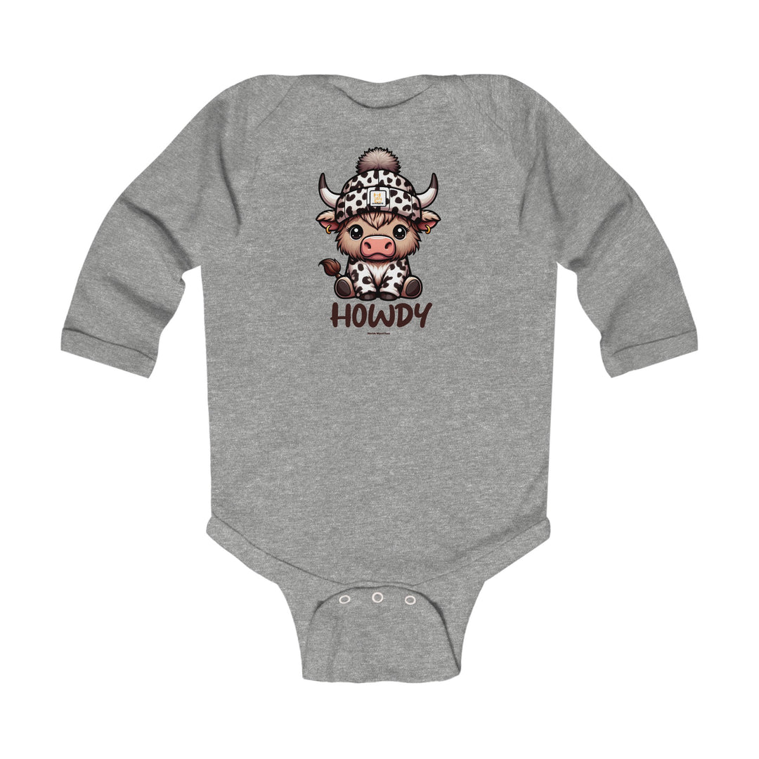 A grey baby bodysuit featuring a cow in a hat, ideal for infants. Made of soft, durable cotton with ribbed knitting for comfort and easy changing. Title: Howdy Long Sleeve Onesie.