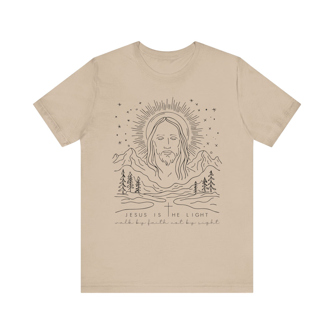 Jesus is the Light Tee, a classic unisex short sleeve shirt with a ribbed collar and tapered shoulders, offering a comfortable fit and durable shape retention.