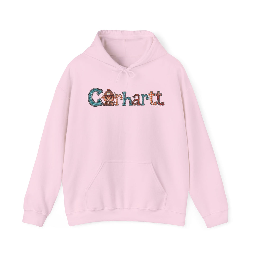 A pink Cowhartt hoodie, a blend of cotton and polyester, featuring a kangaroo pocket and drawstring hood. Classic fit, tear-away label, medium-heavy fabric for comfort and warmth. From Worlds Worst Tees.