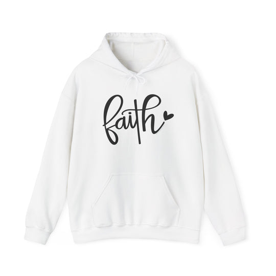 A white Faith Hoodie sweatshirt with black text, featuring a hood and kangaroo pocket. Made of 50% cotton and 50% polyester, a cozy blend for cold days. Medium-heavy fabric, tear-away label, classic fit.