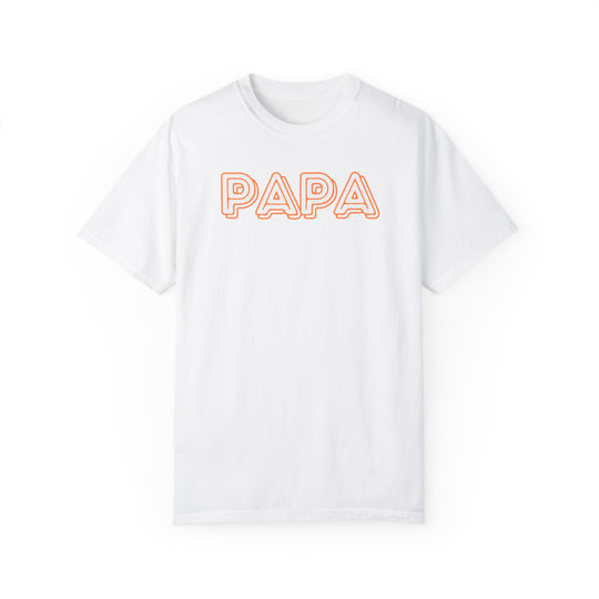 Worlds Worst Tees Papa Tee: White t-shirt with orange text, 100% ring-spun cotton, relaxed fit, durable double-needle stitching, no side-seams for tubular shape, medium weight, cozy and versatile.