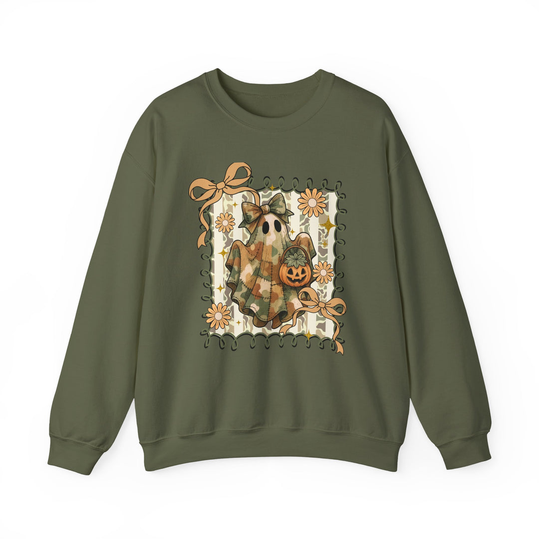 Olive-green crewneck sweatshirt featuring a quilted ghost graphic with camo fabric, jack-o’-lantern, and autumnal details, embodying cozy and durable design.