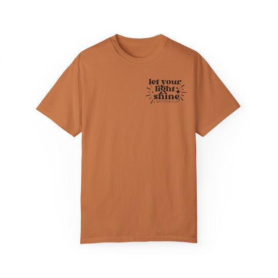 A relaxed-fit Let Your Light Shine Tee, a garment-dyed t-shirt crafted from 100% ring-spun cotton. Features double-needle stitching for durability and a seamless design for a tubular shape. Sizes range from S to 3XL.
