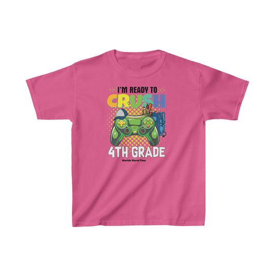 Kids pink tee with cartoon game controller design. 100% cotton, light fabric, tear-away label, classic fit. Perfect for everyday wear. Title: I'm Ready to Crush 4th Grade Kids Tee.