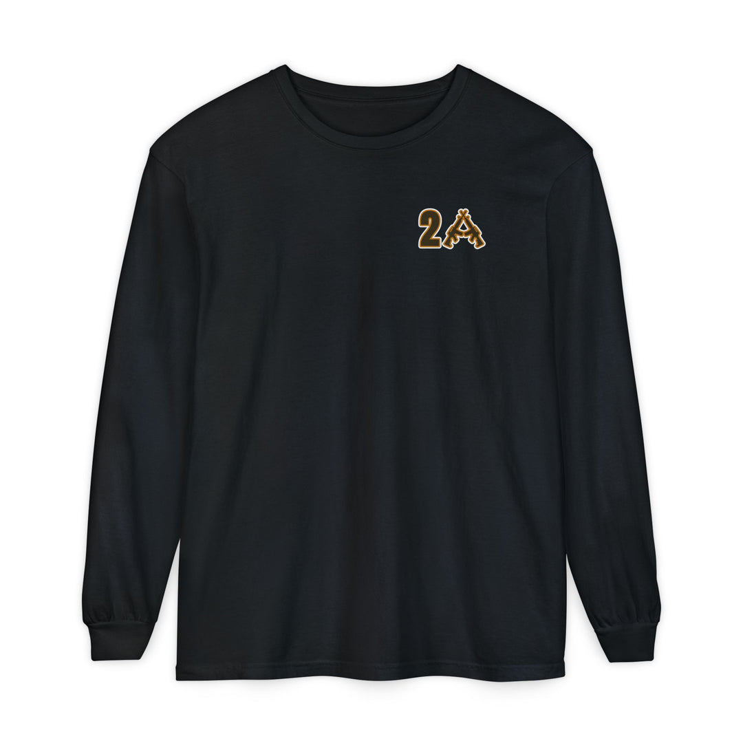 2A Long Sleeve Tee featuring a small chest logo of a block-style 2 and rifles forming A, symbolizing the Second Amendment, in soft ring-spun cotton.