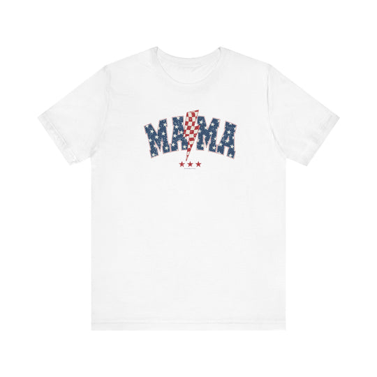 Unisex white jersey tee with red and blue text, featuring a 4th Mama Tee logo. Made of 100% cotton, ribbed knit collars, and tear-away label. Retail fit, lightweight fabric, true to size.