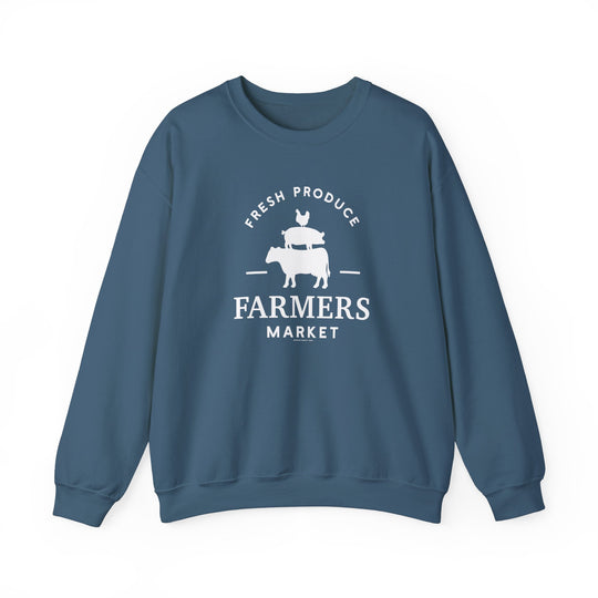 A Farmers Market Crew unisex heavy blend sweatshirt, featuring a logo, ribbed knit collar, and comfortable fit. Polyester and cotton blend for fresh designs. Medium-heavy fabric, no itchy seams. Sizes S-5XL.
