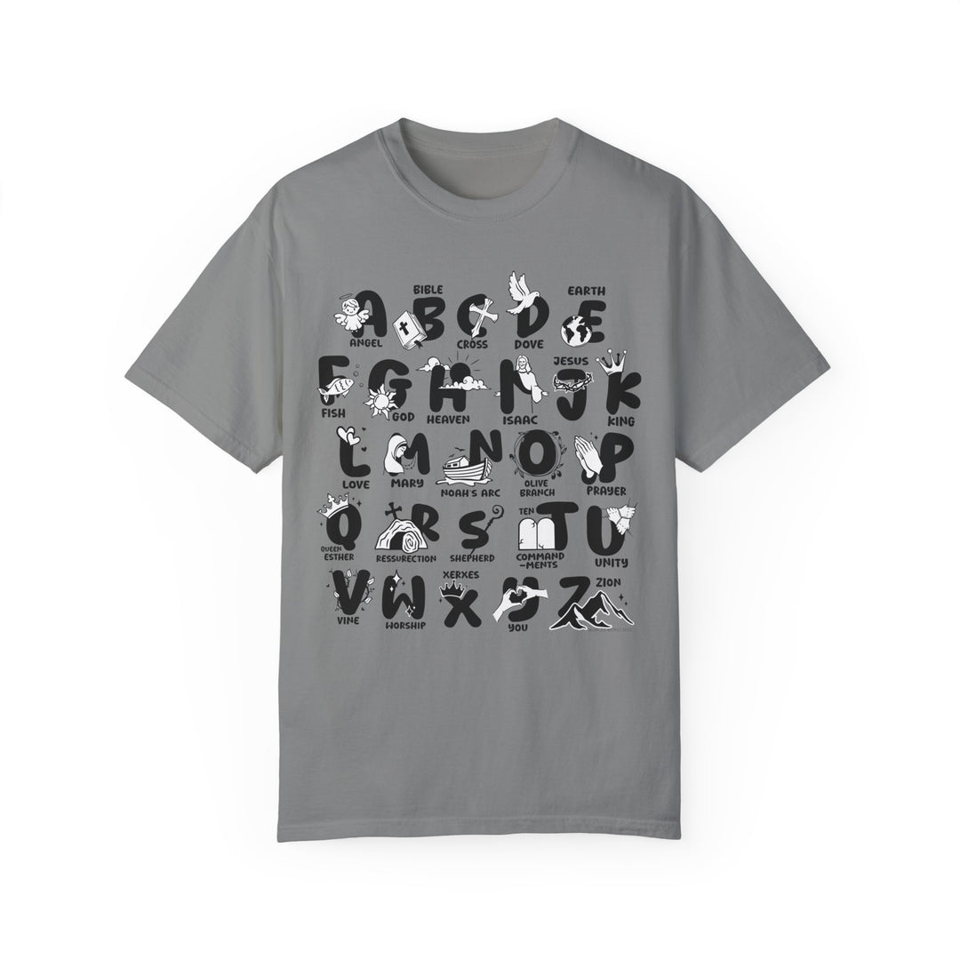 A grey Bible Alphabet Tee, featuring black letters and numbers. Made of 100% ring-spun cotton, with a relaxed fit and double-needle stitching for durability. From Worlds Worst Tees.