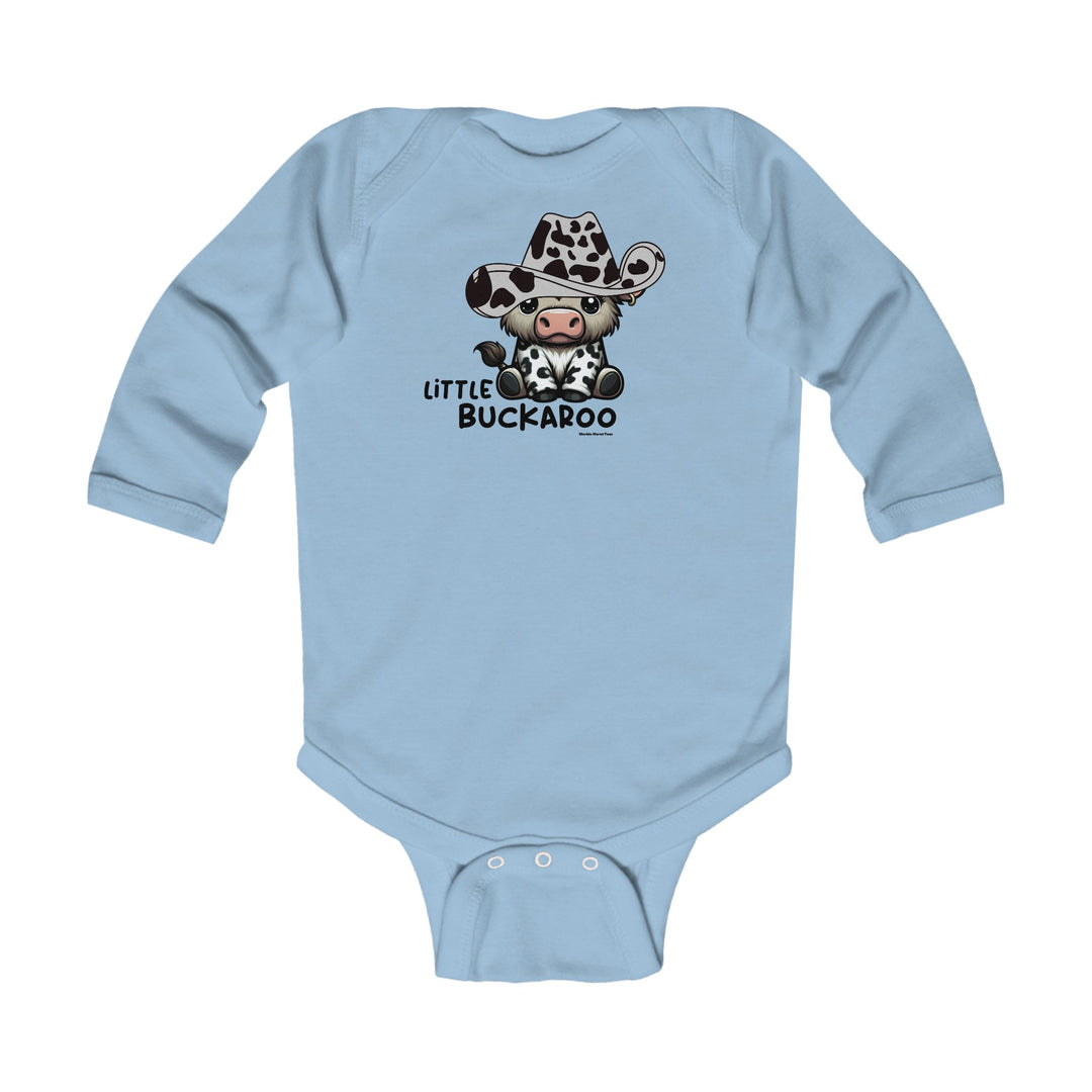 A baby bodysuit featuring a cow and a cowboy hat, ideal for infants. Made of soft, durable material with plastic snaps for easy changing. Title: Buckaroo Long Sleeve Onesie.