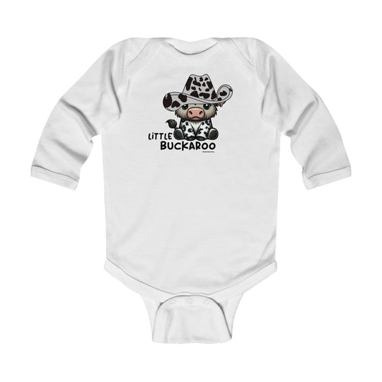 A white baby bodysuit featuring a cow in a cowboy hat, ideal for infants. Made of soft, durable cotton with plastic snaps for easy changing. Perfect for little cowboys and cowgirls. From Worlds Worst Tees.