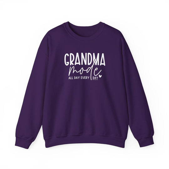 A Grandma Mode Crew unisex sweatshirt in purple with white text. Made of 50% cotton, 50% polyester blend, ribbed knit collar, and no itchy side seams. Medium-heavy fabric, loose fit, true to size.