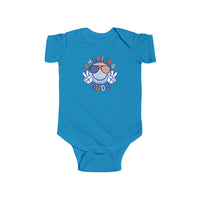 An American Dude Onesie featuring a blue bodysuit with a cartoon character, ideal for infants. Made of 100% cotton, with ribbed bindings and plastic snaps for easy changes. From Worlds Worst Tees.