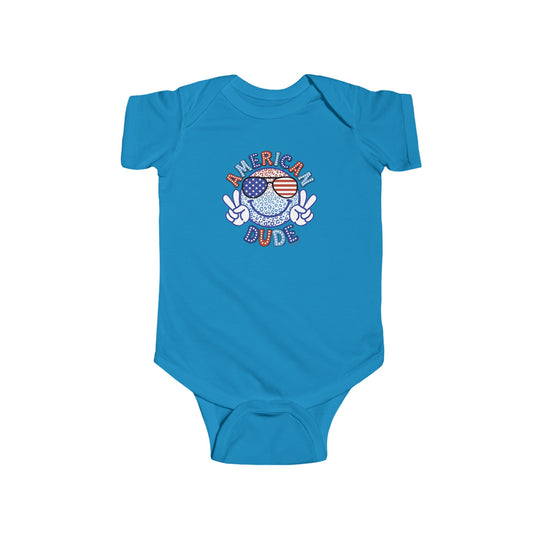 An American Dude Onesie featuring a blue bodysuit with a cartoon character, ideal for infants. Made of 100% cotton, with ribbed bindings and plastic snaps for easy changes. From Worlds Worst Tees.