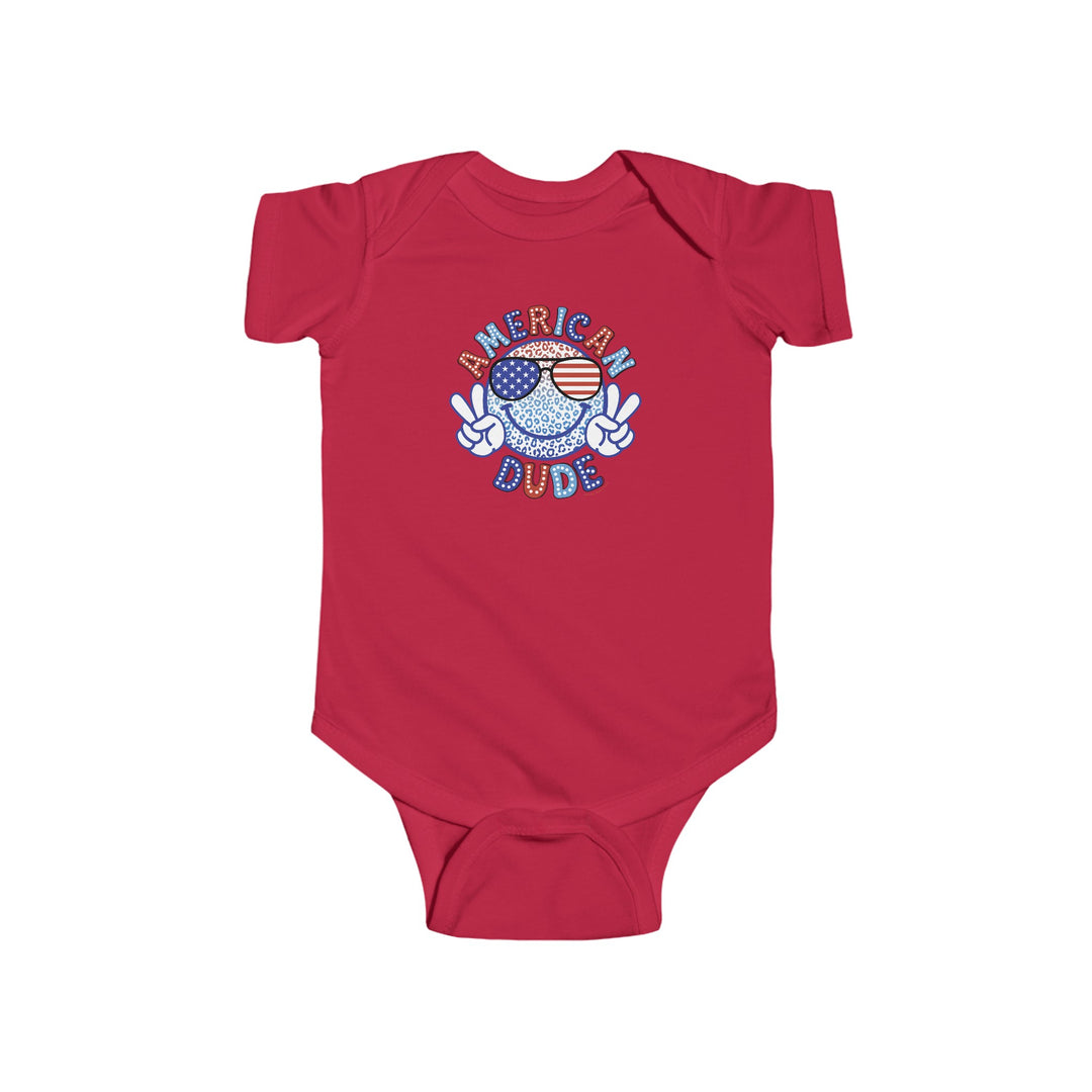 A red baby bodysuit featuring a peace sign and symbol, perfect for little ones. Made of 100% cotton, with ribbed bindings for durability and easy plastic snaps for changing. From 'Worlds Worst Tees', known for unique graphic tees.