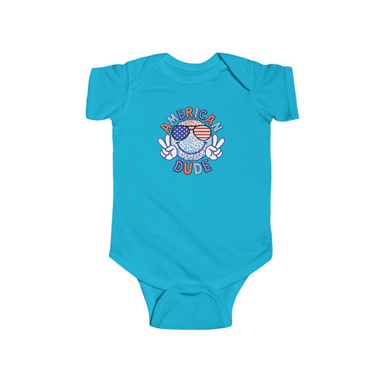 American Dude Onesie - Blue baby bodysuit featuring a cartoon character, 100% cotton fabric, ribbed knitting for durability, and plastic snaps for easy changing access. From Worlds Worst Tees.