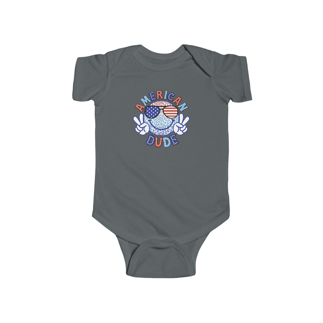 American Dude Onesie infant fine jersey bodysuit with peace sign cartoon print. 100% cotton, light fabric, ribbed knitting for durability, plastic snaps for easy changing. From Worlds Worst Tees.