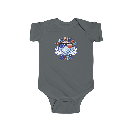 American Dude Onesie infant fine jersey bodysuit with peace sign cartoon print. 100% cotton, light fabric, ribbed knitting for durability, plastic snaps for easy changing. From Worlds Worst Tees.