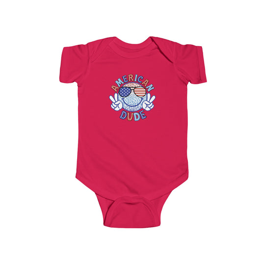 American Dude Onesie baby bodysuit featuring a peace sign cartoon character. 100% cotton, ribbed knitting for durability, plastic snaps for easy changing. From Worlds Worst Tees.