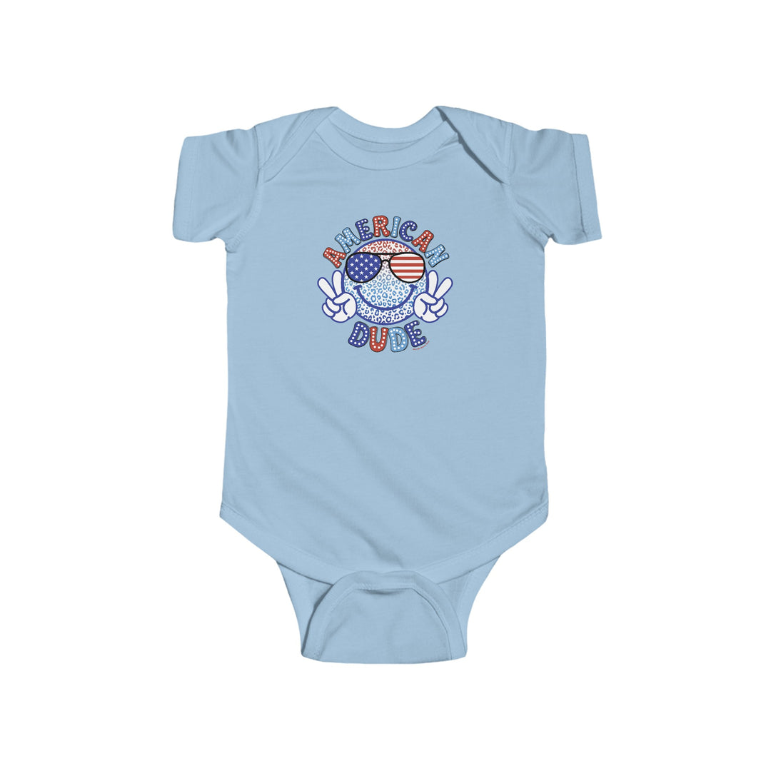 A blue baby bodysuit featuring a cartoon peace sign and a peace symbol, ideal for infants. Made of 100% cotton, with ribbed bindings for durability and easy plastic snaps for changing. From Worlds Worst Tees.