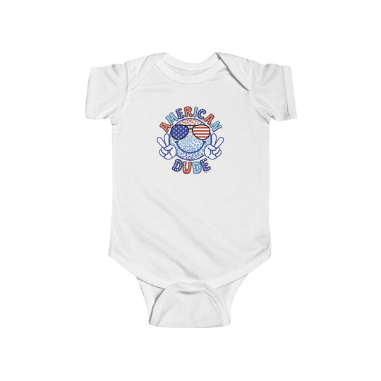 American Dude Onesie: White baby bodysuit with peace sign and sunglasses logo. 100% cotton, light fabric, ribbed knitting for durability, plastic snaps for easy changing. Ideal for infants.