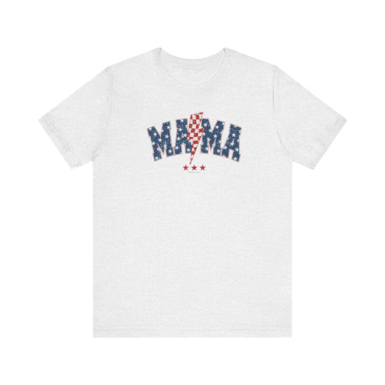 A classic unisex white t-shirt with red and blue text, featuring a 4th Mama Tee design. Made of 100% Airlume combed cotton, retail fit, and ribbed knit collars for comfort. Sizes XS to 3XL.