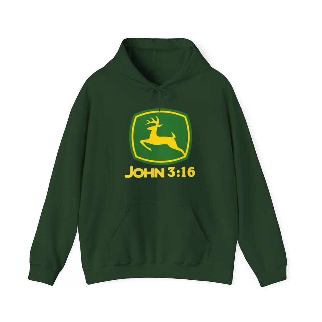John 3:16 Hoodie featuring a green-and-yellow shield with a leaping deer logo, blending humor and faith on a soft, cozy pullover.