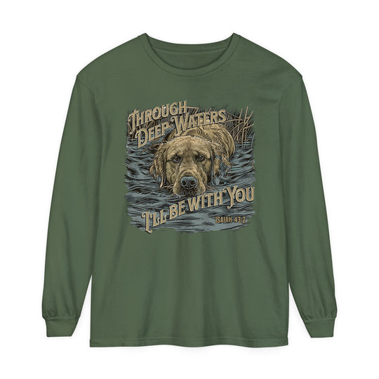 A green long-sleeve tee featuring a dog design, perfect for casual comfort. Made of 100% ring-spun cotton with a relaxed fit for everyday wear. Product title: Through Deep Waters Long Sleeve T-Shirt.