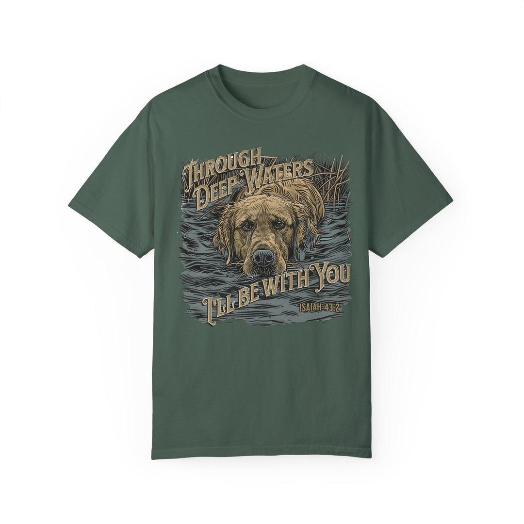 A green t-shirt featuring a dog design, ideal for daily wear. Made of 100% ring-spun cotton, with a relaxed fit and durable double-needle stitching. From Worlds Worst Tees, the Through Deep Waters Hunting Tee.