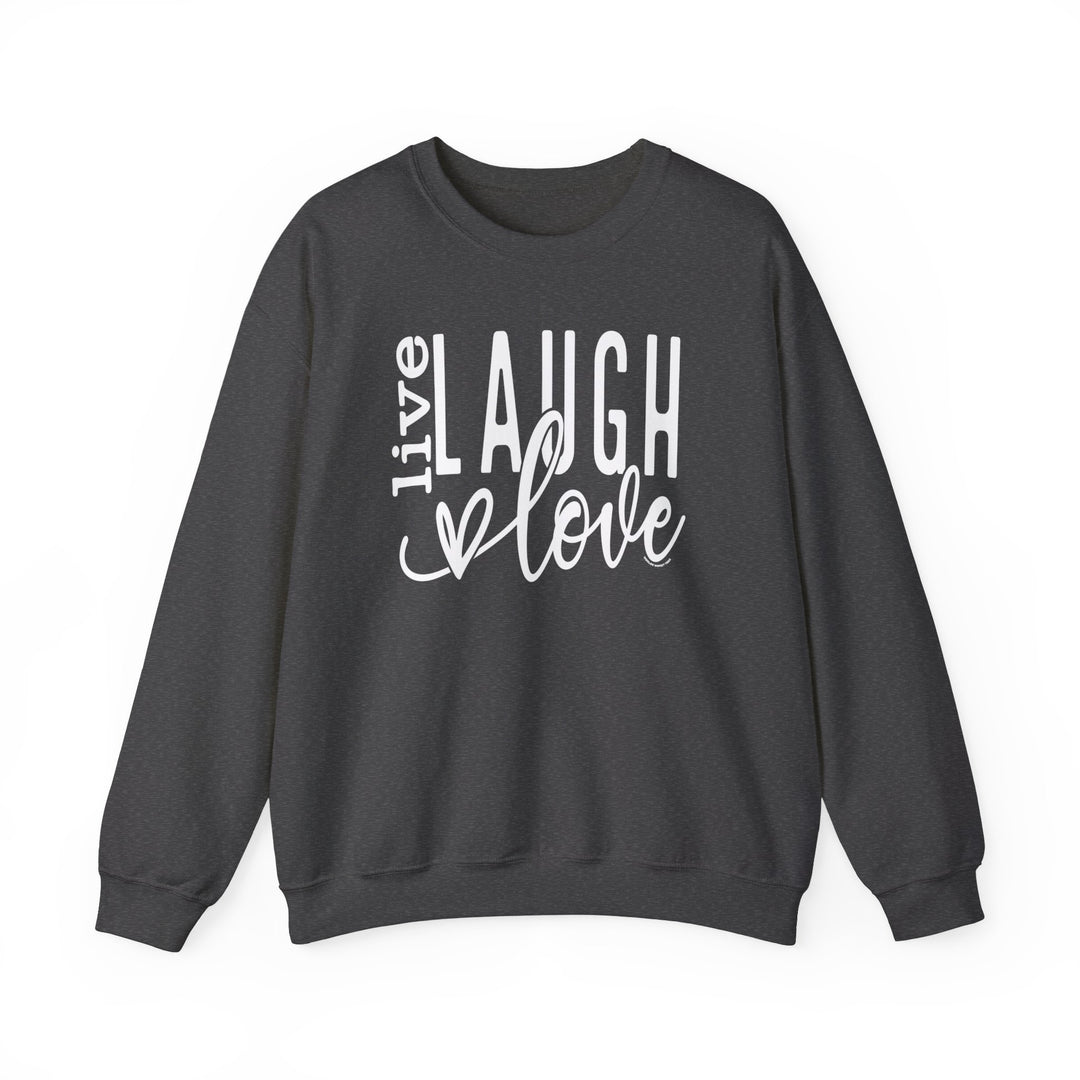 A unisex Live Laugh Love Crew heavy blend crewneck sweatshirt in grey with white text. Comfortable, ribbed knit collar, no itchy seams. 50% Cotton 50% Polyester, medium-heavy fabric, loose fit, true to size.