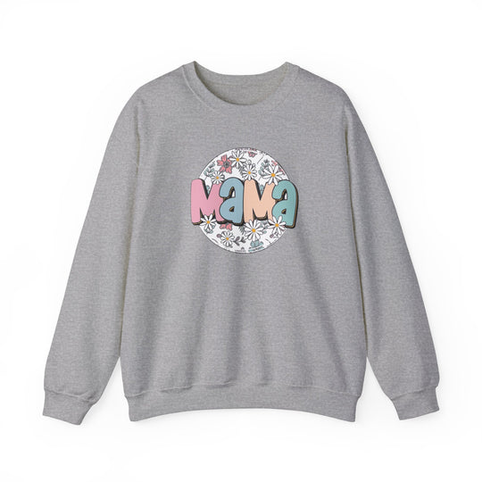A unisex heavy blend crewneck sweatshirt featuring a grey shirt with a graphic design of a circle, flowers, and letters. Made of 50% cotton, 50% polyester, loose fit, and ribbed knit collar. From 'Worlds Worst Tees'.