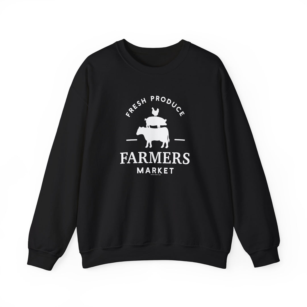 A black sweatshirt with white text, ideal for any situation, featuring a Farmers Market Crew design. Unisex heavy blend crewneck, 50% Cotton 50% Polyester, ribbed knit collar, loose fit, no itchy side seams.
