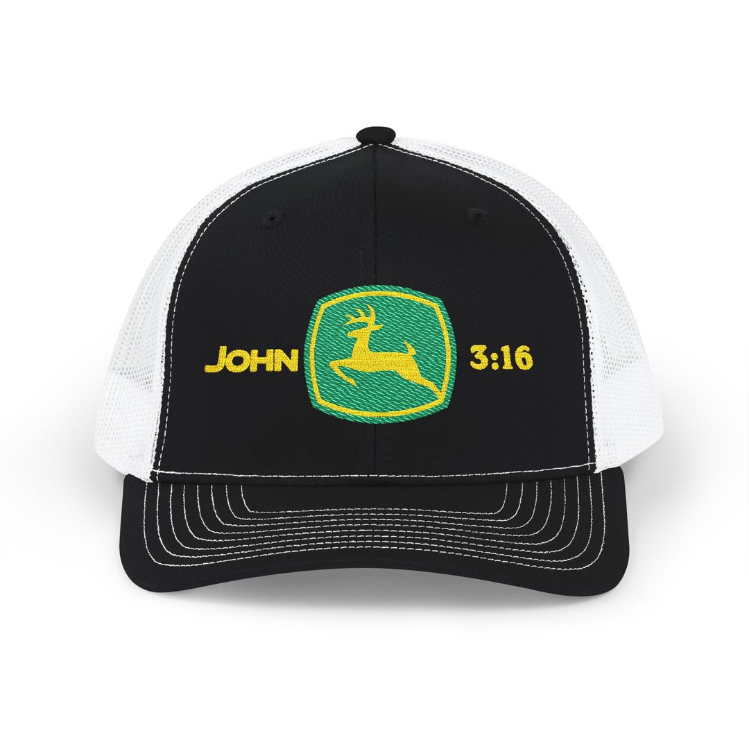 John 3:16 Snapback Trucker Cap features a black-front, white-mesh design with an embroidered deer logo, adjustable fit, and comfortable cotton sweatband.