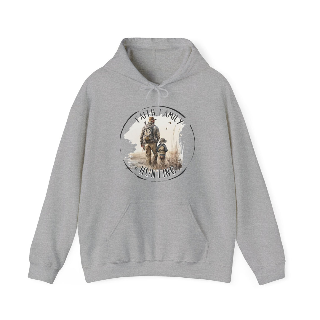 A grey sweatshirt featuring a man riding a horse, perfect for hunting adventures. Unisex heavy blend with cotton and polyester, kangaroo pocket, and cozy hood. Faith Family Hunting Hoodie by Worlds Worst Tees.