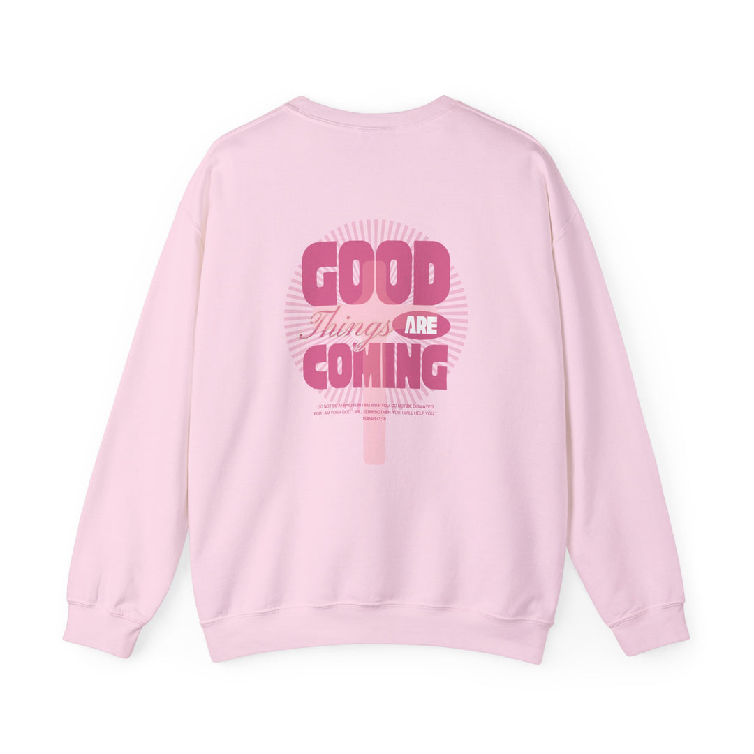 Good Things are Coming Crew, unisex heavy blend crewneck sweatshirt, featuring a cozy fit with ribbed collar and durable double-needle stitching for lasting comfort.